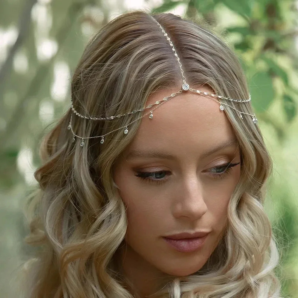 Boho Fashion Crystal Head Chain Wedding Hair Accessories Elegant Headpiece Bling Bridal Forehead Indian Jewelry 241228