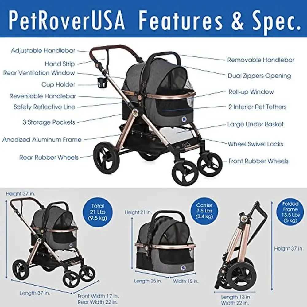 3-in-1 luxury pet stroller wagon seat with pumpless rubber wheels and aluminum frame very light and lightweight W250109