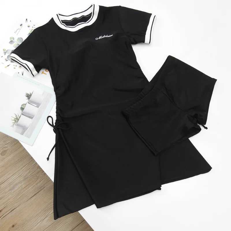 2023 Korean Sexy Drawstring Short Seve Swimwear Woman One Piece Swimsuit Lady Large Size Bathing Suit Beach SwimskirtXJ240108
