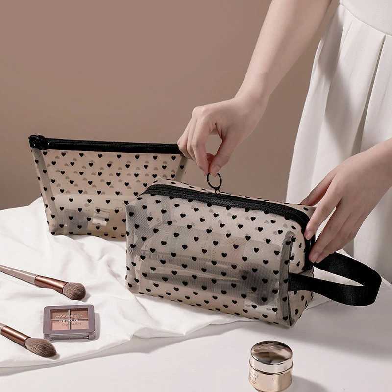 Love Print Black Mesh Cosmetic Bag Portable Toilet Organizer Cosmetic Bag Multi functional Transparent Female lipstick Storage Bag W250109
