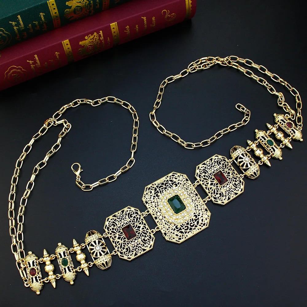 Sunspicems Gold Color Metal Morocco Waist Chain Belt For Women Caftan Square Belt Crystal Bride Wedding Jewelry Arab Body Chain 250107