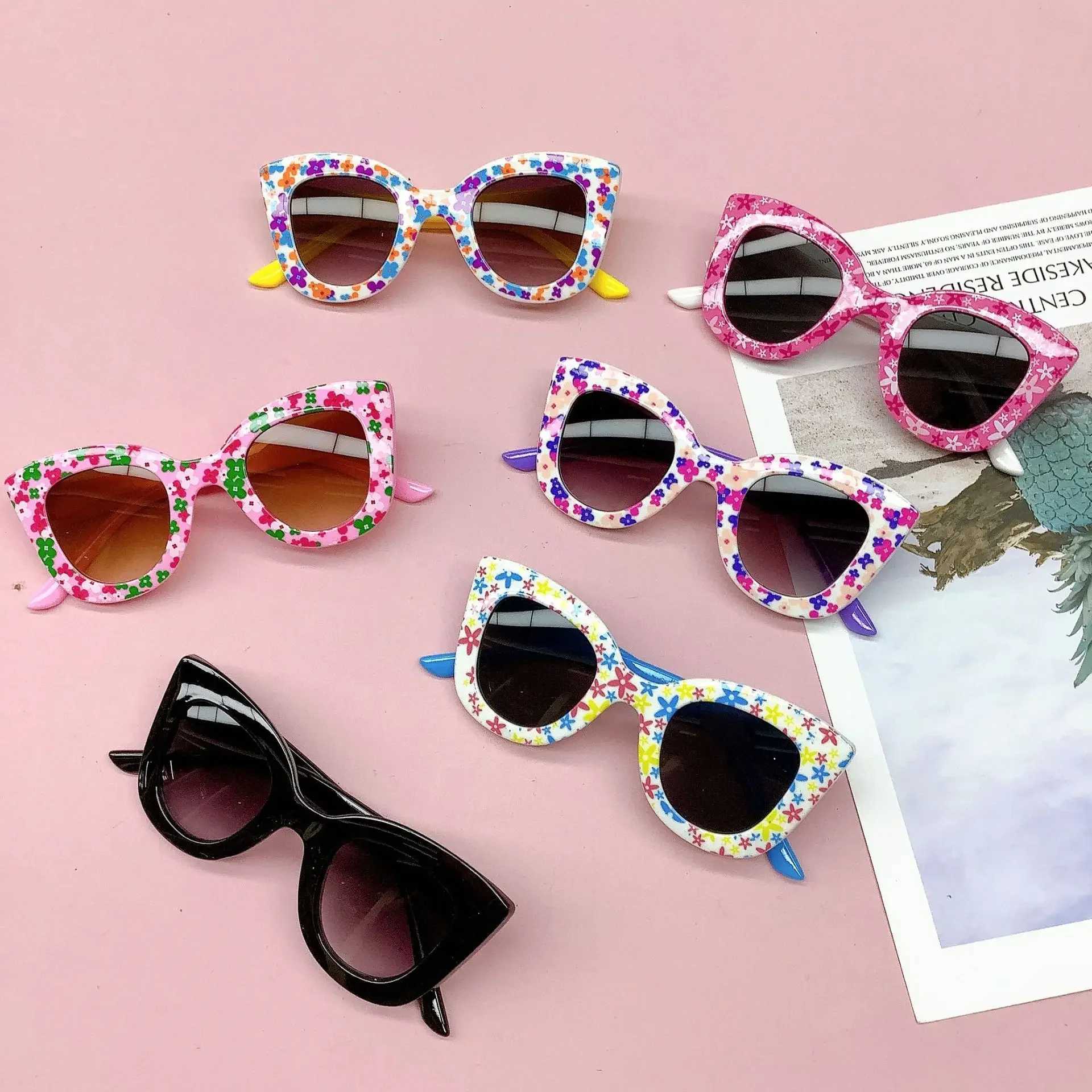 Cute floral printed sunglasses for girls and boys outdoor sun protection for children cute retro glasses for children and childrens glasses W250109