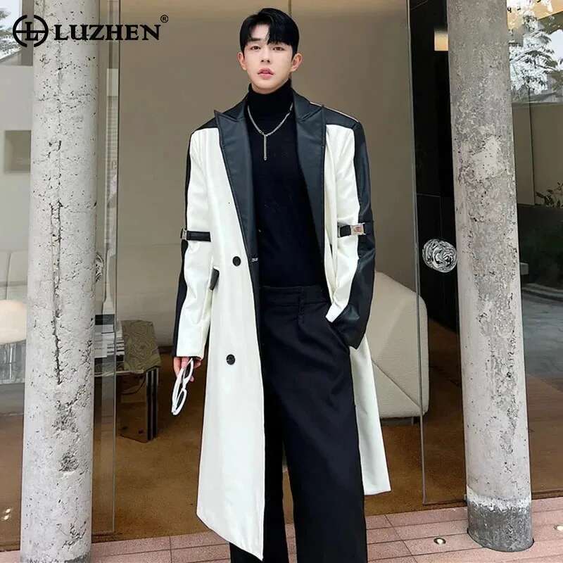 Korean Stylish Long Windbreaker Coat Men's Autumn Color Contrast Splicing Design Trendy Original Leather Outerwear C98683