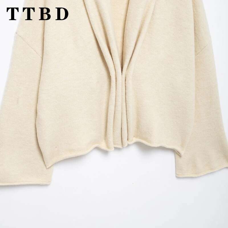 TTBD 2024 New Autumn Woman Casual Solid Color Knit Button Long Sleeve Cardigan Female Fashion Ruffles Turn-Down Collar Top Coat