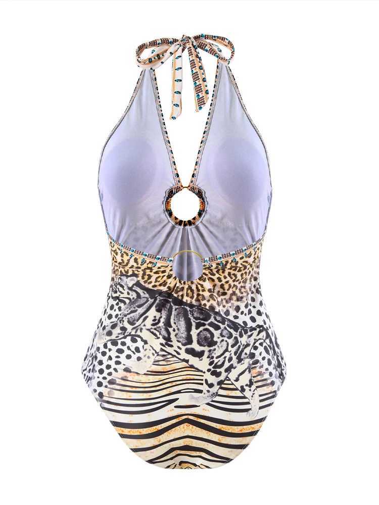 2024 New opard Print Bikini Swimsuit Woman 2023 Sexy Deep V-neck Hanging Neck Bathing Suit ss Beach Outfit with Cover UpXJ240108