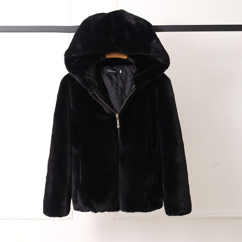 Lucyever High Quality Rabbit Hooded Coat Women Black Faux Fur Jacket Female Winter Zip Thick Warm Furry Coats