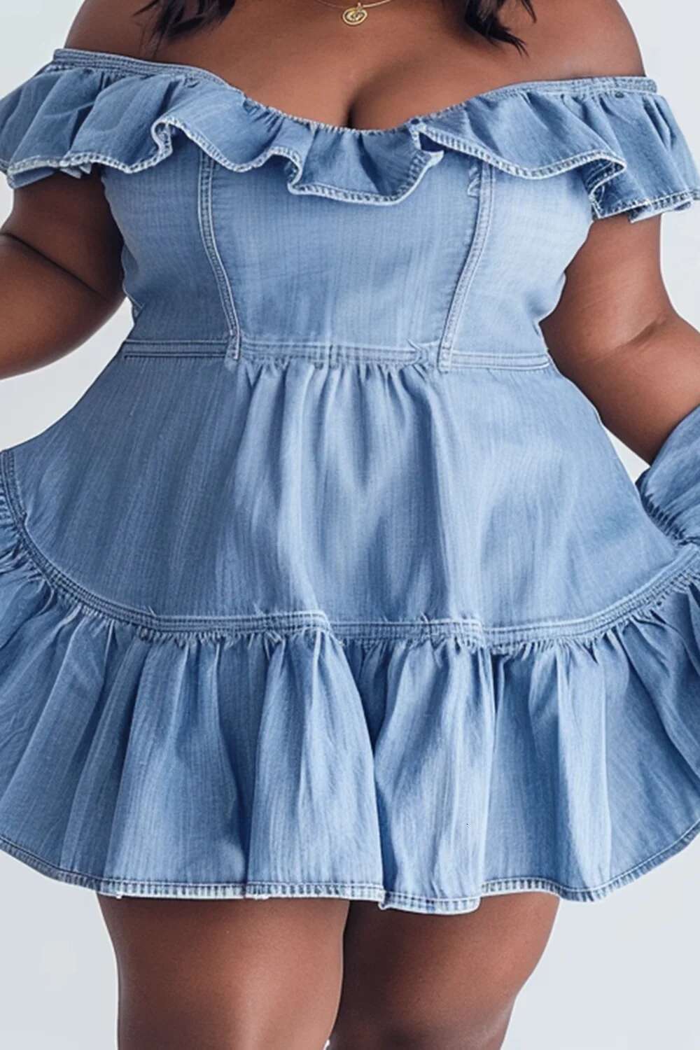 Plus Size Daily Light Blue Off The Shoulder Cap Sleeve Ruffle Denim Mini Dresses