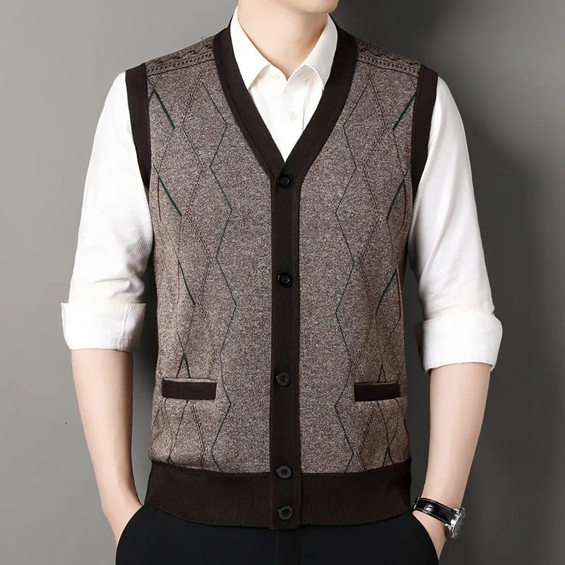 Autumn Winter Mens Sleeveless Knitted Cardigan Middleaged and Elderly Warm Vest Coat Casual Fit Daily Hair Sweater 250107