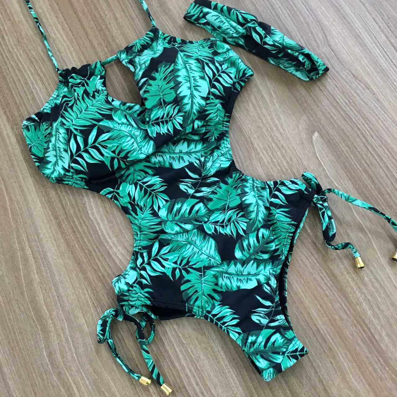 Green af print Cut Out One-Piece Swimsuit Women Sexy ss String Adjust Girls Beach Bathing Suit SwimwearXJ240108