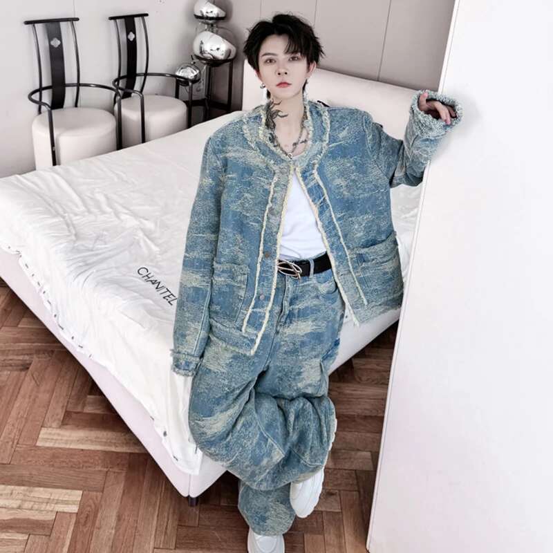Autumn Long Sleeve Jacket Sets Burr Design Fashion Personalized Street Baggy Straight Pants Casual Two Piece
