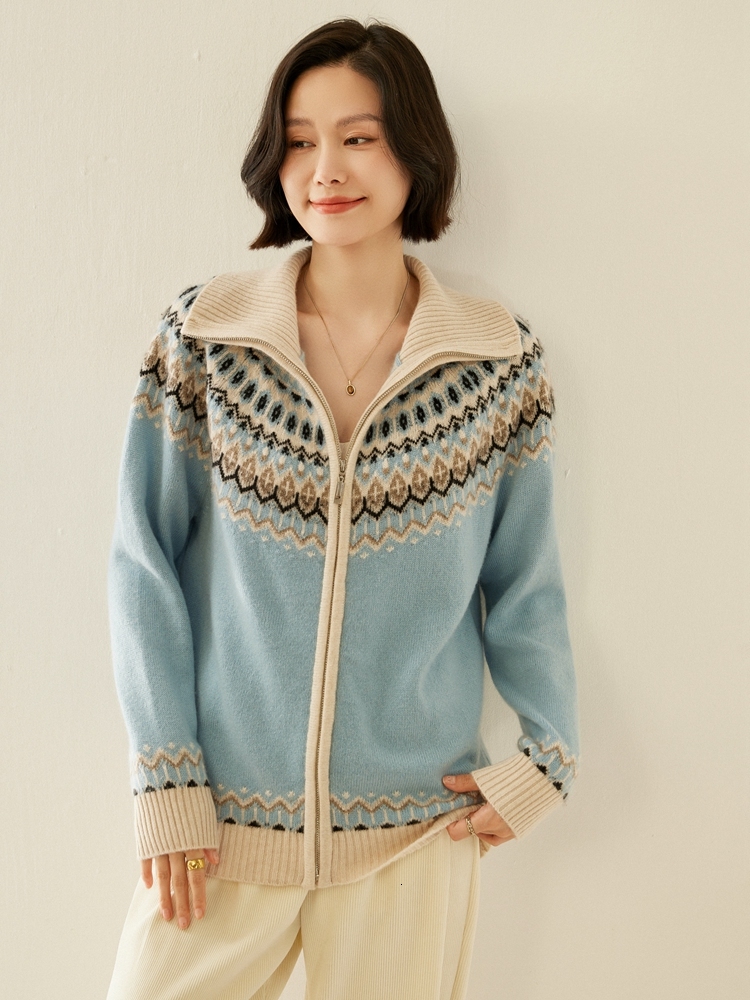 Women Fair Isle Sweater Cardigans Zippers Thick Loose Clothes Autumn Winter 100% Cashmere Knitwear Warm Polo Collar Top