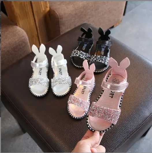Summer childrens rabbit ear sandals fashionable sparkling rhinestone girl princess Roman sandals baby smooth beach shoes W250108