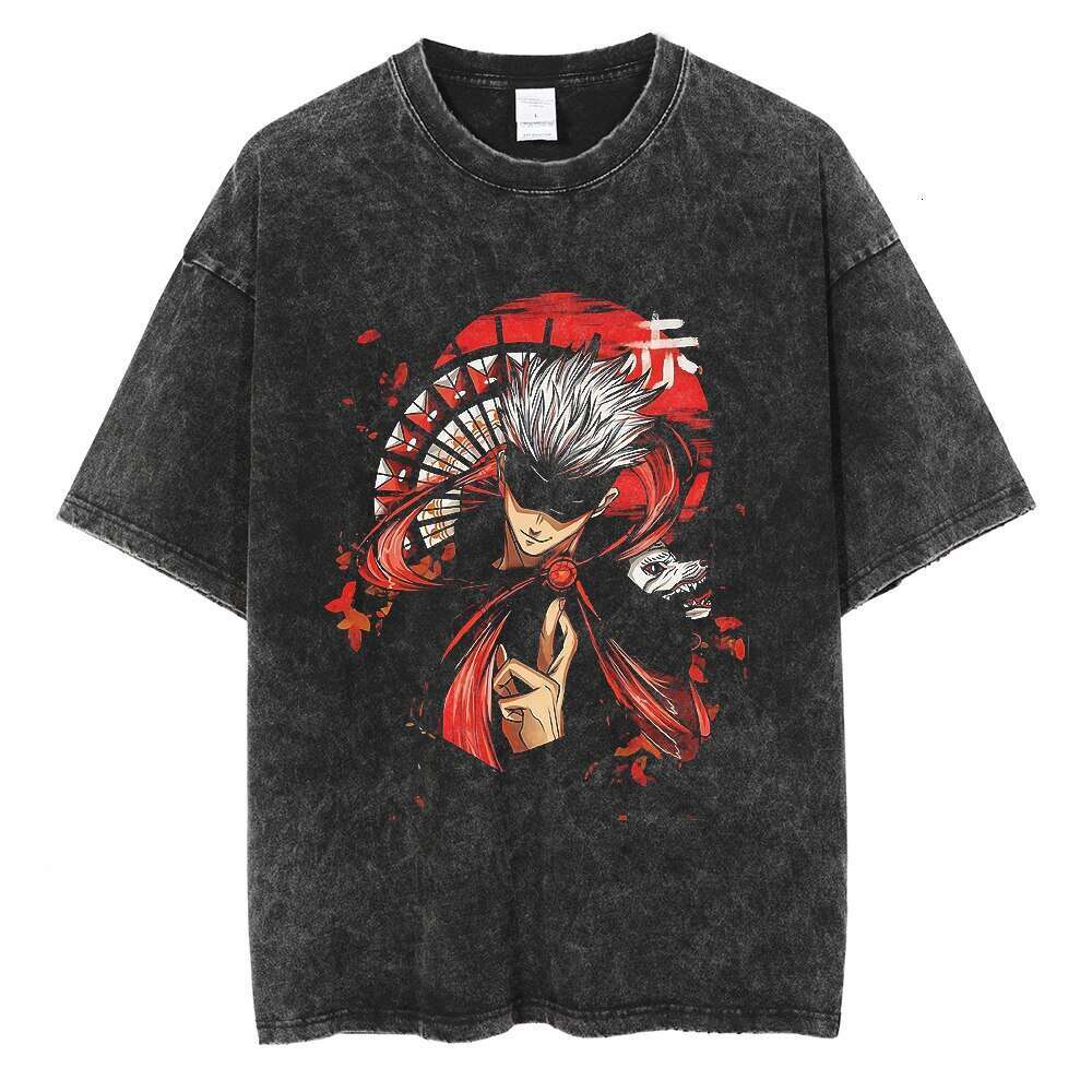 Washed t-shirt, street hip-hop anime, five mantras, battle back graphics, casual cotton, summer short sleeve