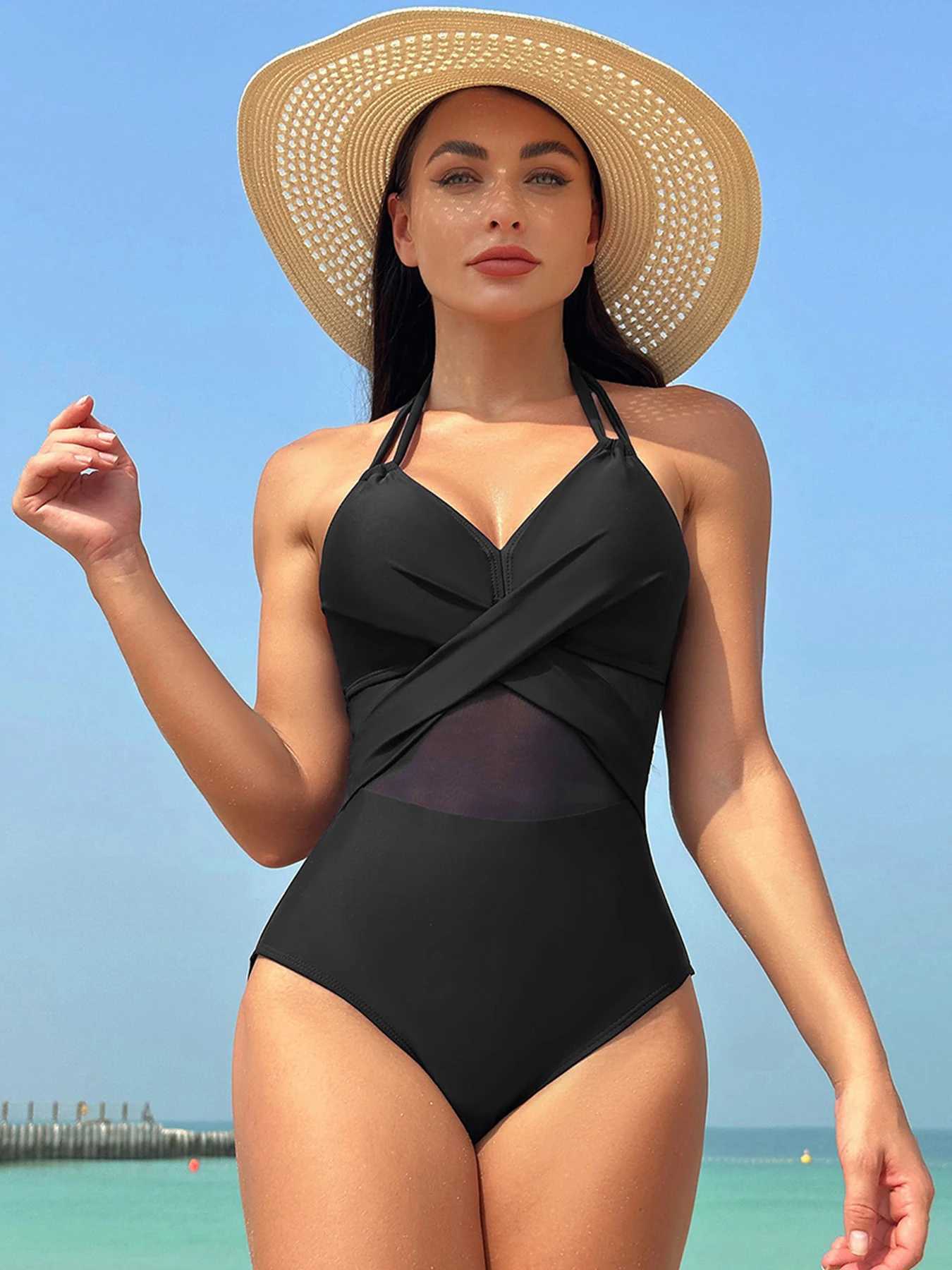 2024 New Sexy Plus Size Swimwear Women One Piece Swimsuit Fa Mesh Patchwork Bathing Suit Beachwear Halter Push Up MonokiniXJ240108