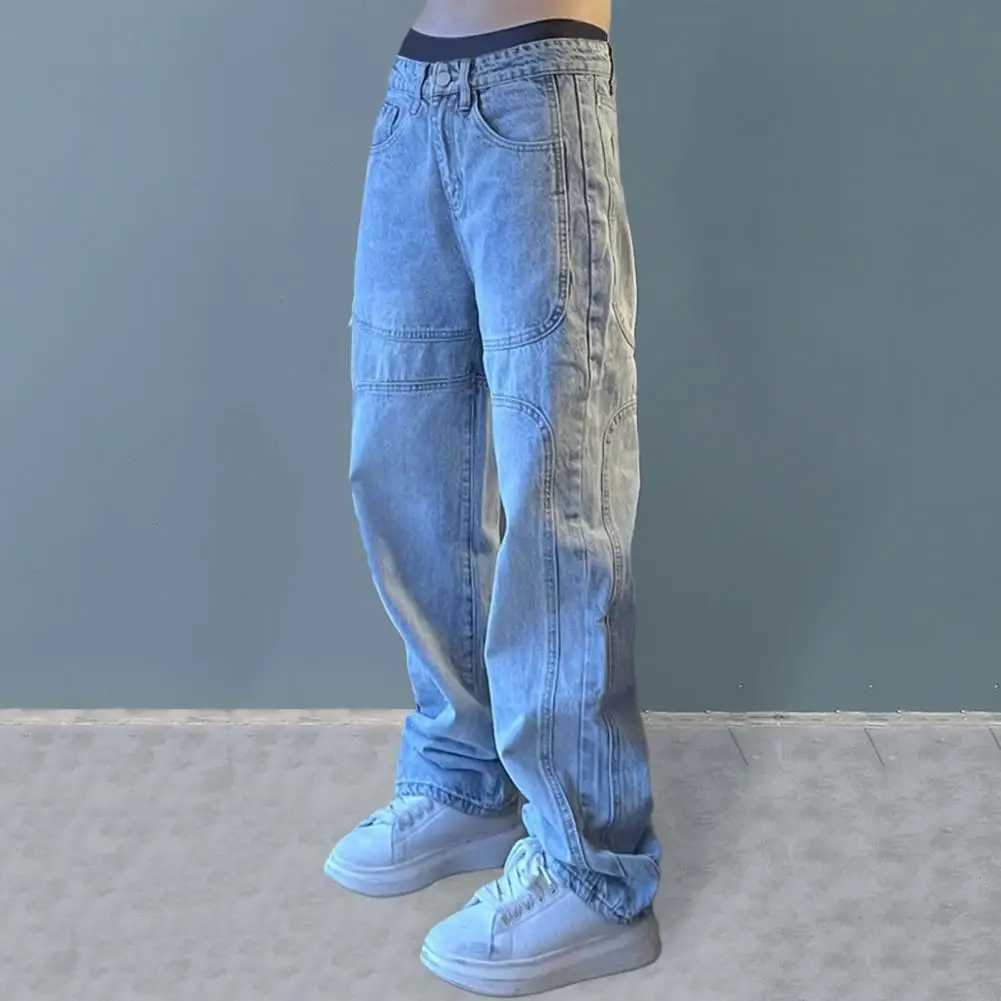 Mens solid color wide leg loose patch work mid waist full length soft breathable pocket zipper button mens pants M250109