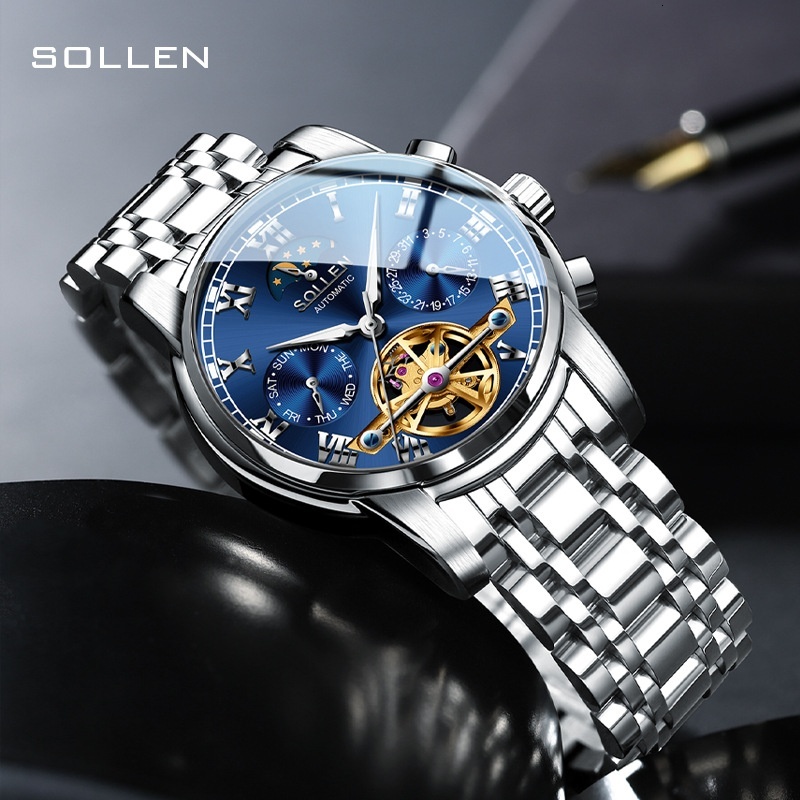 SOLLEN Stylish Automatic Full Steel Mechanical Flywheel Watch with Starry Sky Luminous Dial for Men
