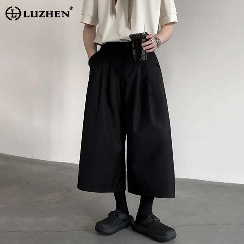 Solid Color Pleated Design Trendy Straight Pants Original New Men's Stylish Elegant Street Nine Points Trousers