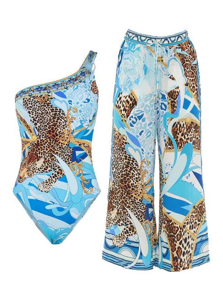 Womens Seaside Wave Blue opard Print One Piece Bikini Slim Fit Swimsuit with Trunks Fashion Design Fresh Design 2025XJ240108