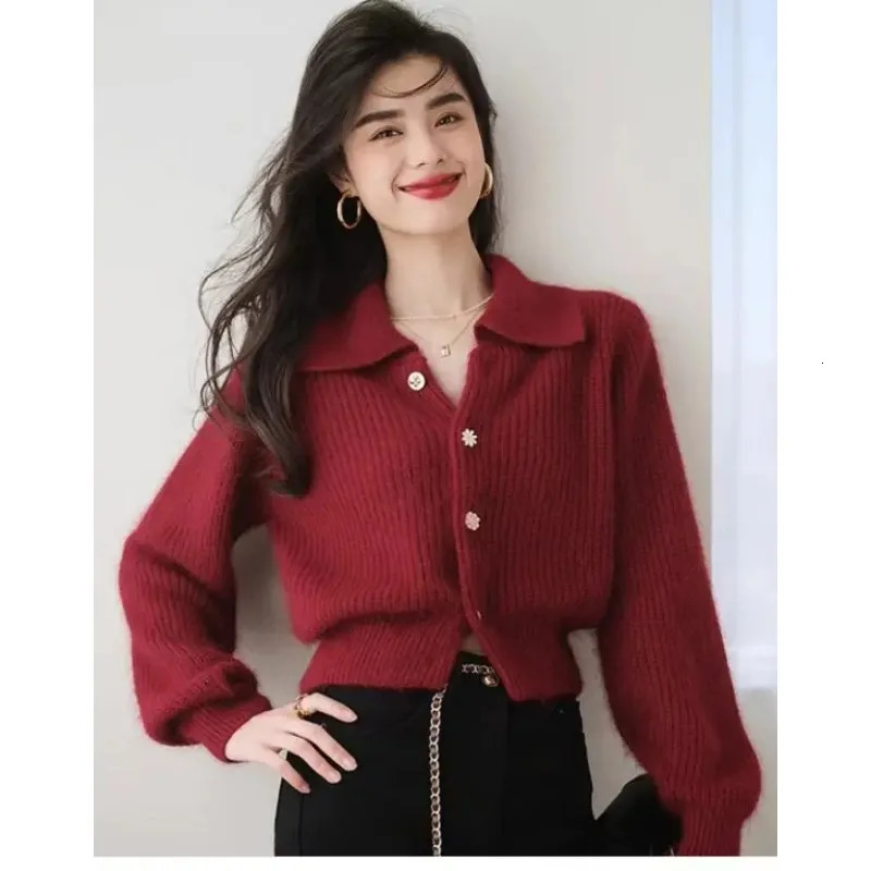Chic Fashion Sweater Cardigan Yellow Red Knitted Sweater Women Autumn Winter Short Cardigan Jacket Coat Y2K Tops Female 250106