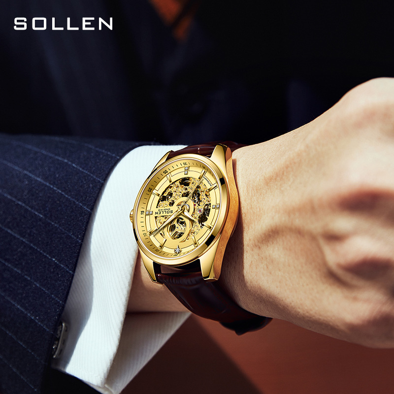 Men's Automatic Mechanical Watch with Night Glow, Waterproof, Skeleton Dial, Gold Face, Tourbillon Business Watch