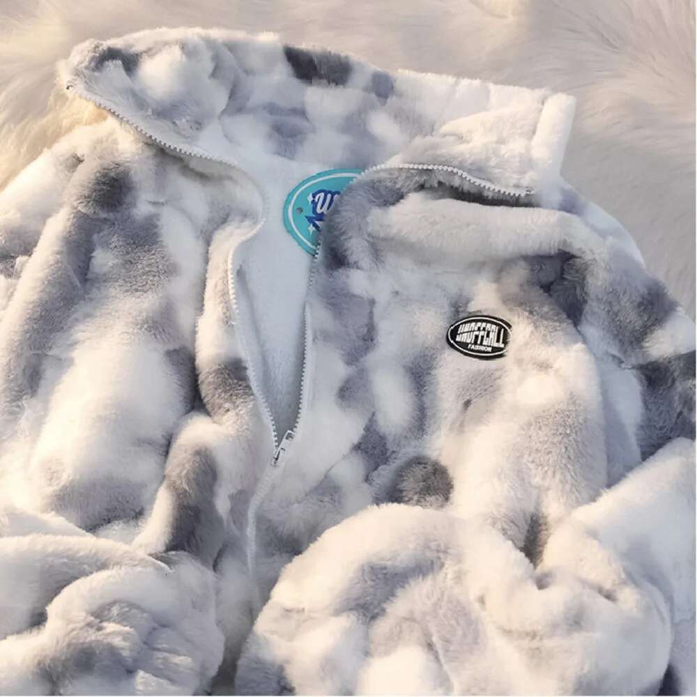 New Women's Tie Dye Lamb Fleece Jacket Autumn Winter Zipper Outerwear Warm Plush Jackets Haruku Casual Loose Female Thick Coat
