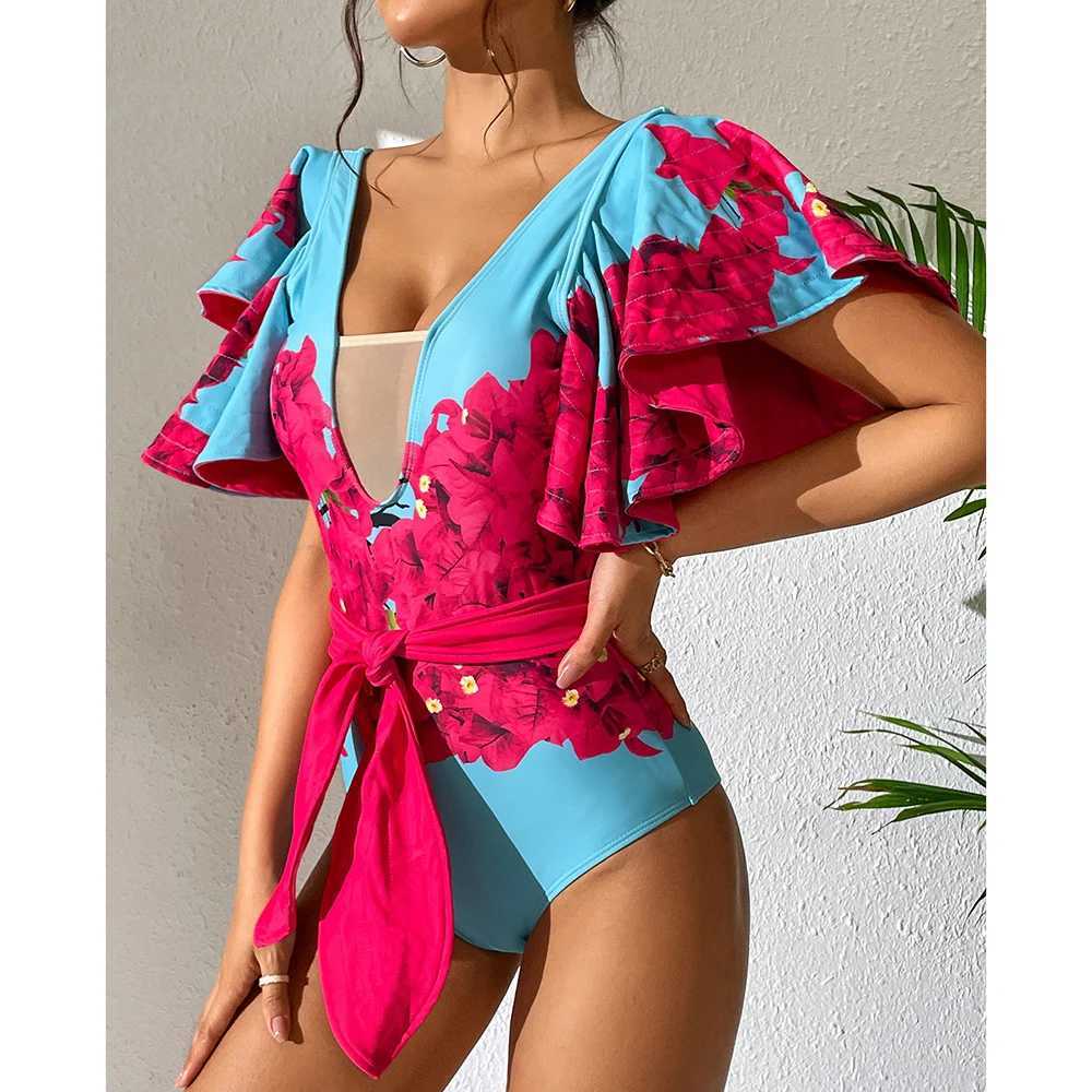 Ashgaily 2024 Ruff One Piece Swimsuit Women Swimwear with Belt Push Up Monokini Swim Suit Print Bathing Suit BeachwearXJ240108