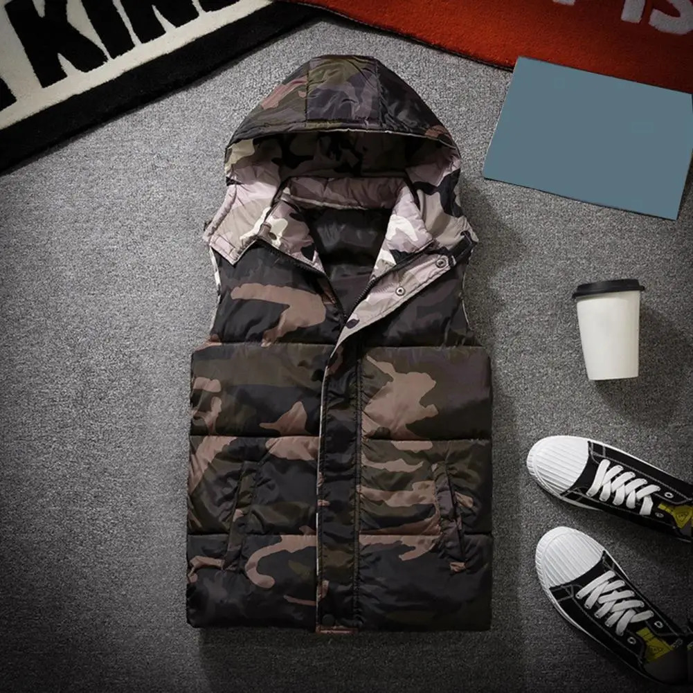 Winter Men Waistcoat Camouflage Thickened Cotton Padded Windproof Zipper Hooded Vest Coat for Daily Wear 250107