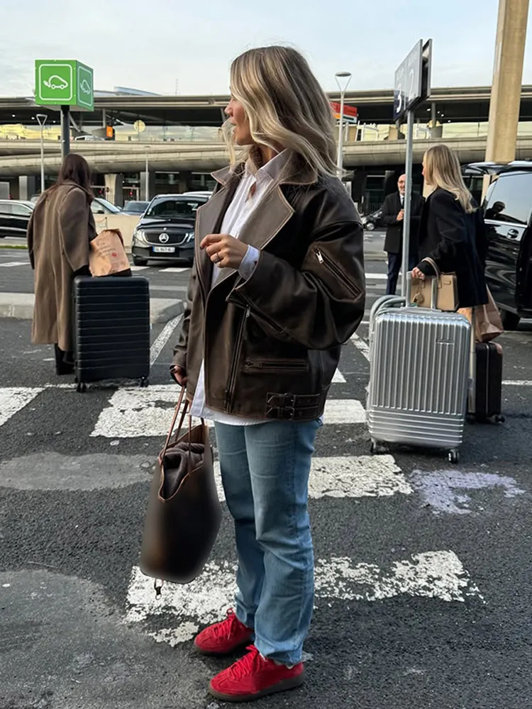 Spring Retro Brown Zipper Leather Jacket Fashion Woman Loose Casual Pocket Lapel Coats 2025 Ladies Chic Commute Outerwears 250103