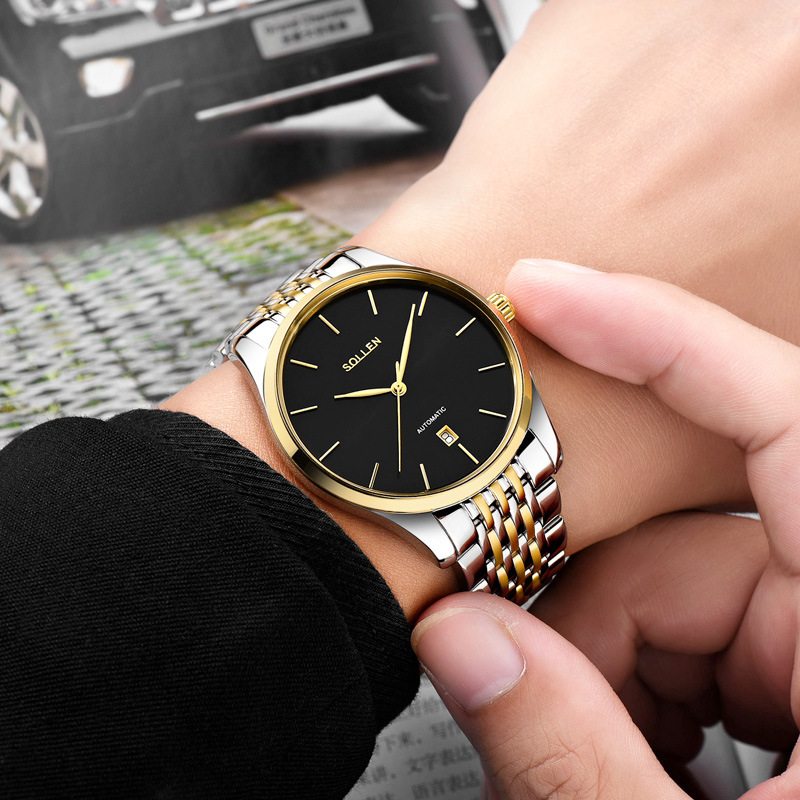 Men's Automatic Mechanical Watch with Date Display and Stainless Steel Band