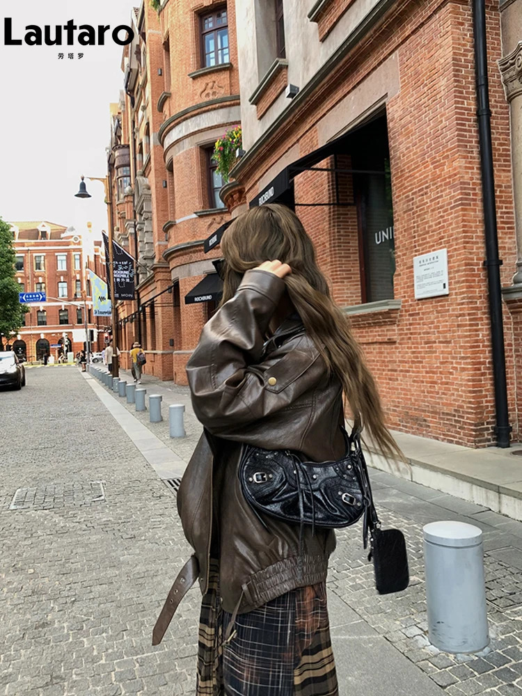 Lautaro Spring Cool Distressed Washed Brown Oversized Pu Leather Jacket Women Zippper y ner American Retro Clothing 250109
