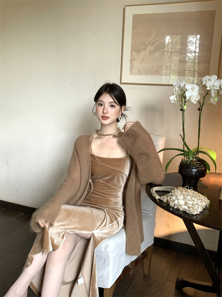 L52234 Autumn new style high waist velvet temperament suspender dress high-grade long skirt for women