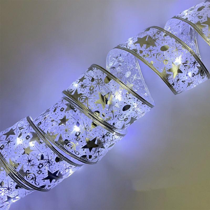 Cross-border LED ribbon string Christmas tree decorative light string satin light gift box decorative ribbon flashing light string Silver strap