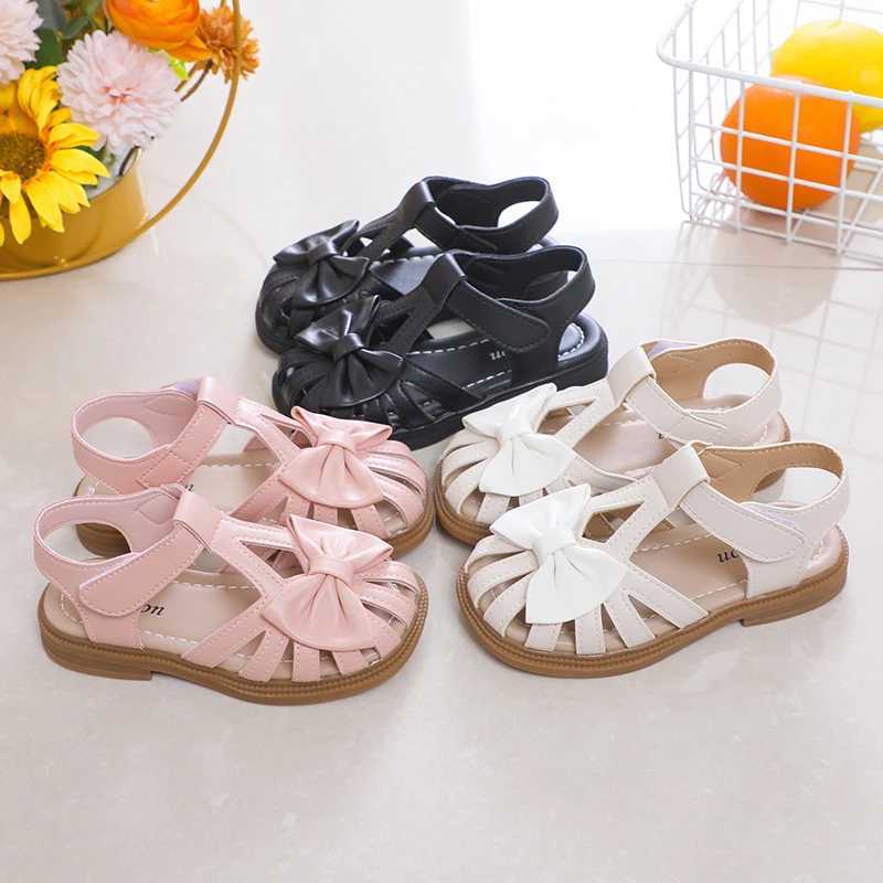 Cute girl sandals bow peeking toe 2024 new soft hook and loop beige childrens princess shoes casual shoes PU cute childrens shoes anti slip W250108