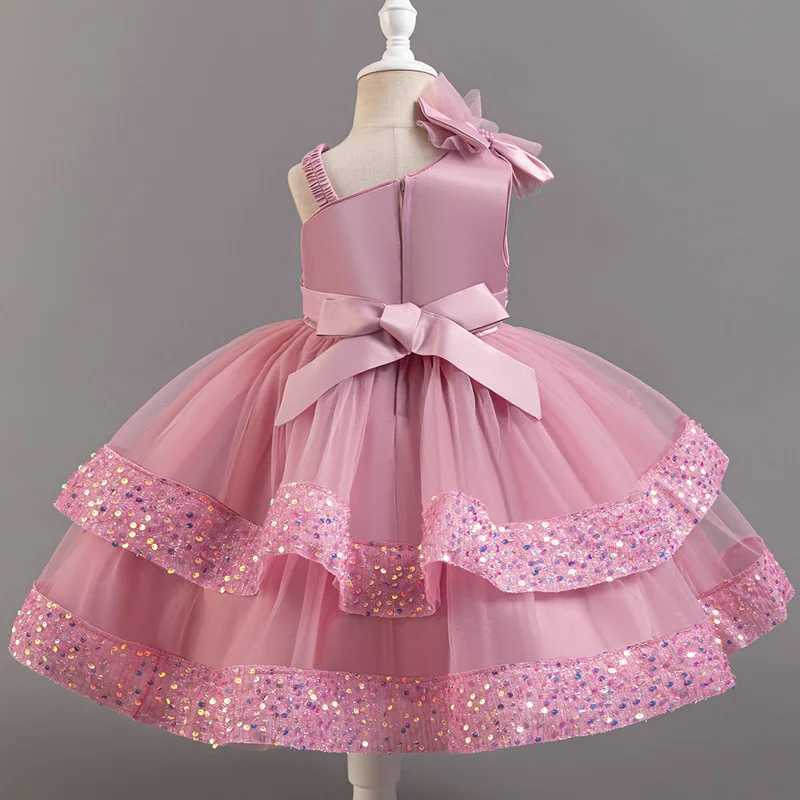 Girls Beaded Bow Tie Sequin Mesh Childrens Sleeveless Evening Dress School Graduation Par Multi Layered DressXJ250108
