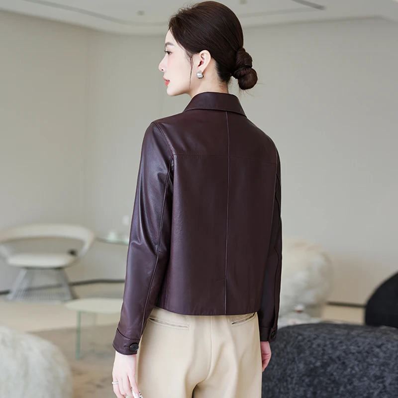 Genuine leather jacket womens short and highend sheepskin middleaged long sleeved fashionable lapel casual 250109