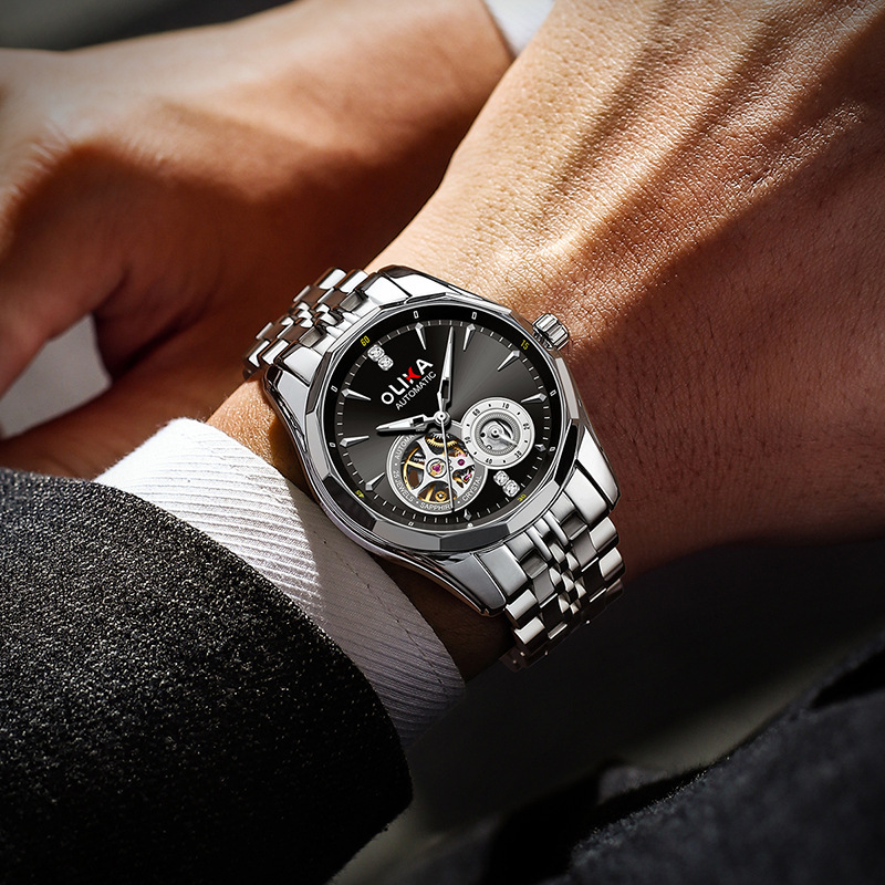 Elegant Men's Skeleton Watch with Stainless Steel Band and Mechanical Movement