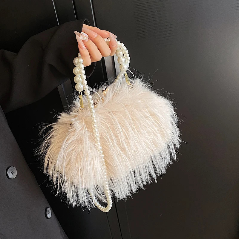 Small Soft Plush Beaded Shoulder Side Bag for Women 2023 Winter Fashion Trend n Handbags Clutch Bags 250107
