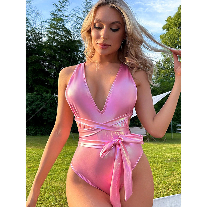 2025 new style new swimsuit shiny deep V sexy backless jumpsuit solid color bikini designer beach trendy swimsuit