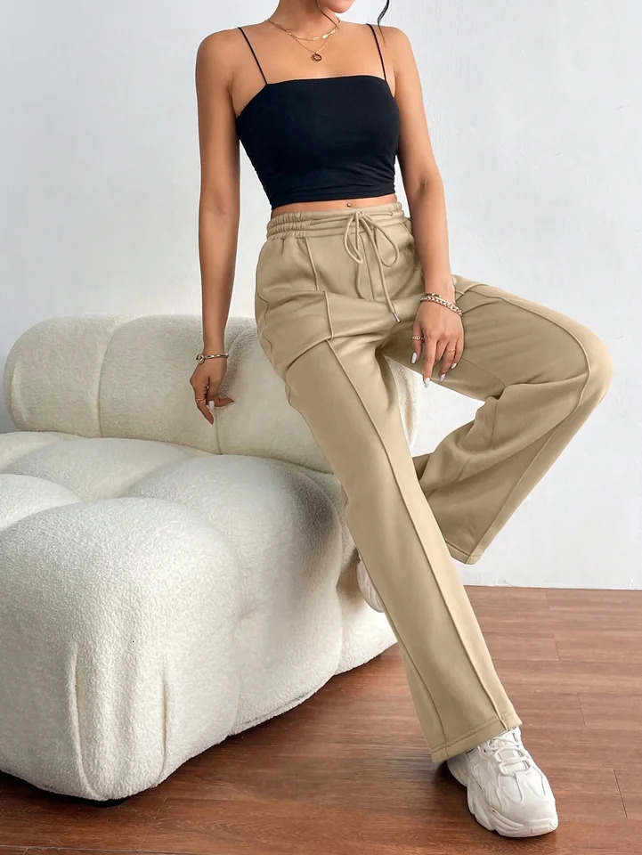 Women Wide Leg Sweetpants Winter Thick Casual Pants Straight Elastic Waist Drawstring Fitness Joggers Travel Basic 250106