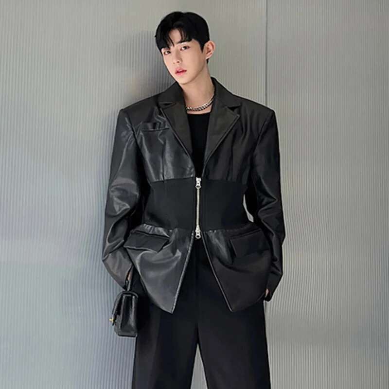 New Trendy Men's Knitted Splicing Design Leather Blazers Coat Double Zipper Shoulder Pad Suit Jacket High Street