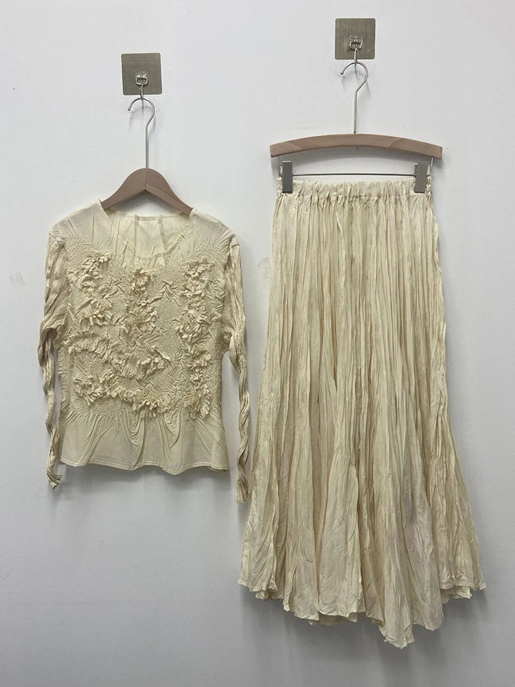 GVUW Pleated 2 Pieces Set Niche n Women Full Sleeve Tops A Line Skirt Loose Solid Color 2025 Lady Sets 17G8434 250109