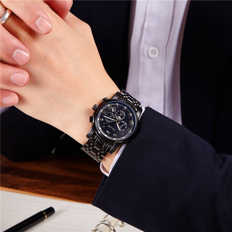 Fashionable Business Automatic Mechanical Watch for Men with Steel Band - Moon Phase & Night Glow