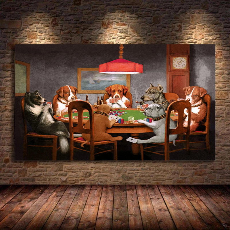 Creative Modern Abstract Dog Playing Poker Fun Poster Print Canvas Painting Wall Art Picture Living Room Home Decoration