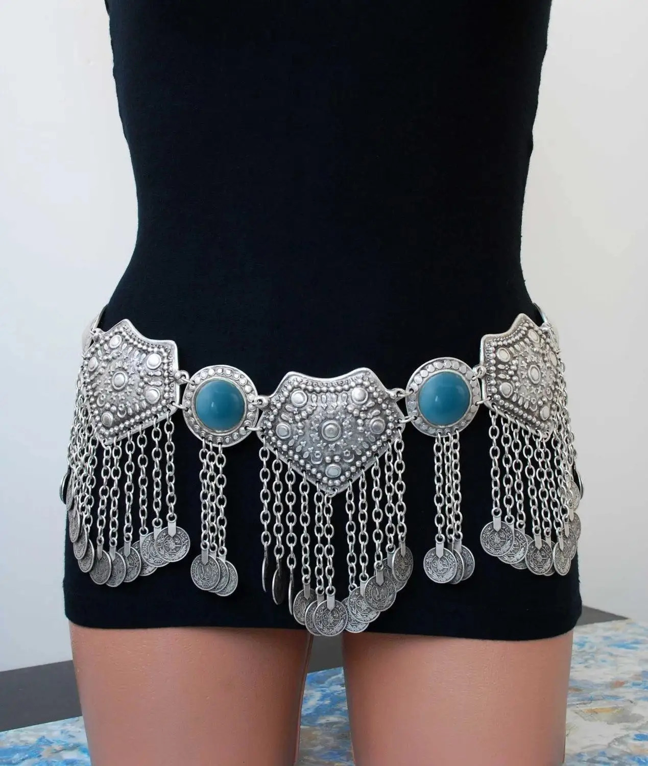 Vintage Gypsy Tribal Long Coin Tassel Ethnic Metal Waist Belly Chain Acrylic Gem Belts Turkish Afghan Dress Indian Body Jewelry 250107