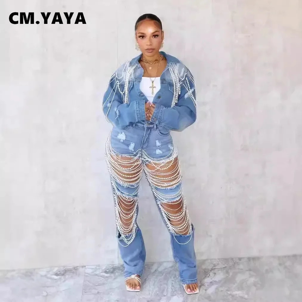 CMYAYA Pearl chain Long Sleeve Women Denim Jackets Turndown Collar Ripped out Coat Single Breasted Street INS Tops 250109