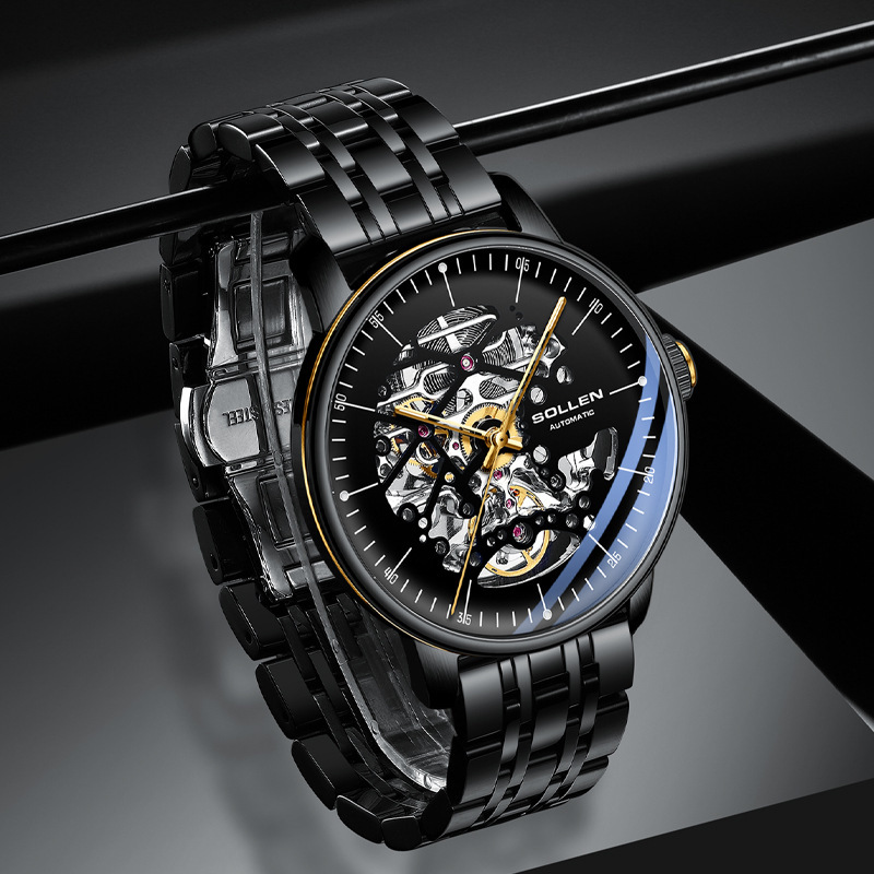 Men's Automatic Mechanical Watch with Curved Skeleton Steel Band and Night Glow