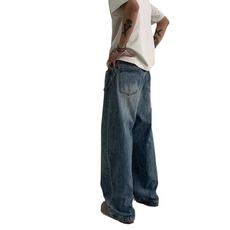 Mens jeans denim wide leg pants floor length pants spliced high waist loose casual straight pockets button pockets autumn and winter M250109