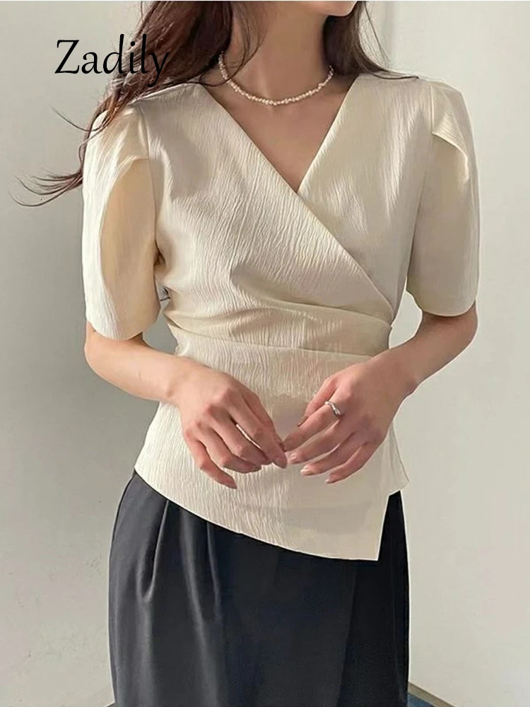 Summer Short Sleeve Women Chiffon Blouse Shirt Korea Style Slim Irregular V Neck Woman Top Casual Asymmetry Female Clothing 250109