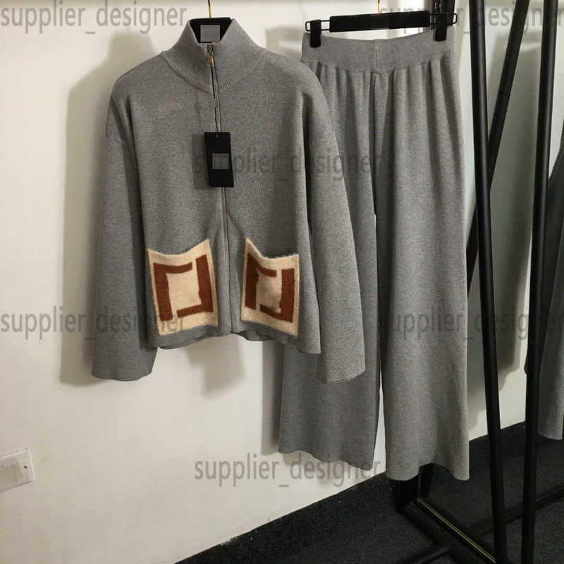 Women's Tracksuits designer New Knitted Set with F Letter Color blocked Double Pocket Long Sleeve Cardigan Zipper Coat+High Waist Wide Leg Pants LT1Z