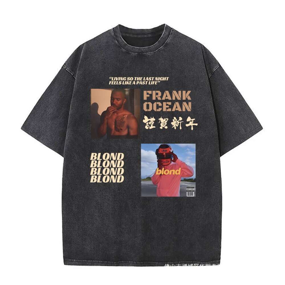 Rap singer Frank washed black men's ocean fashion T-shirt